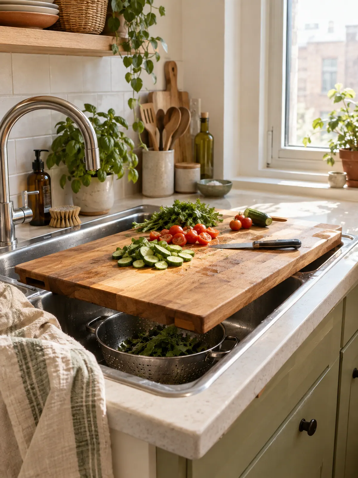 Wooden cutting board laid over a stainless kitchen sink with sliced cucumber and tomatoes, a colander of greens in the sink below
