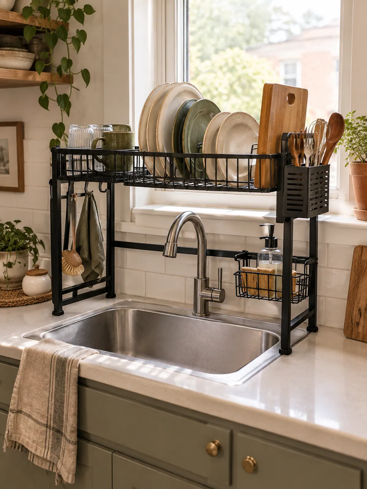 Black over-sink dish rack holding plates, a cutting board and utensils above a stainless steel sink in a small kitchen