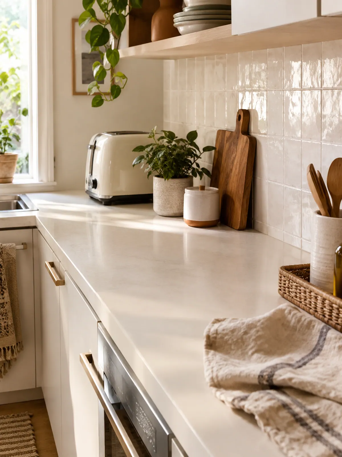 Peel-and-stick white zellige-look backsplash behind a white kitchen counter with a cream toaster, a plant and a wooden cutting board