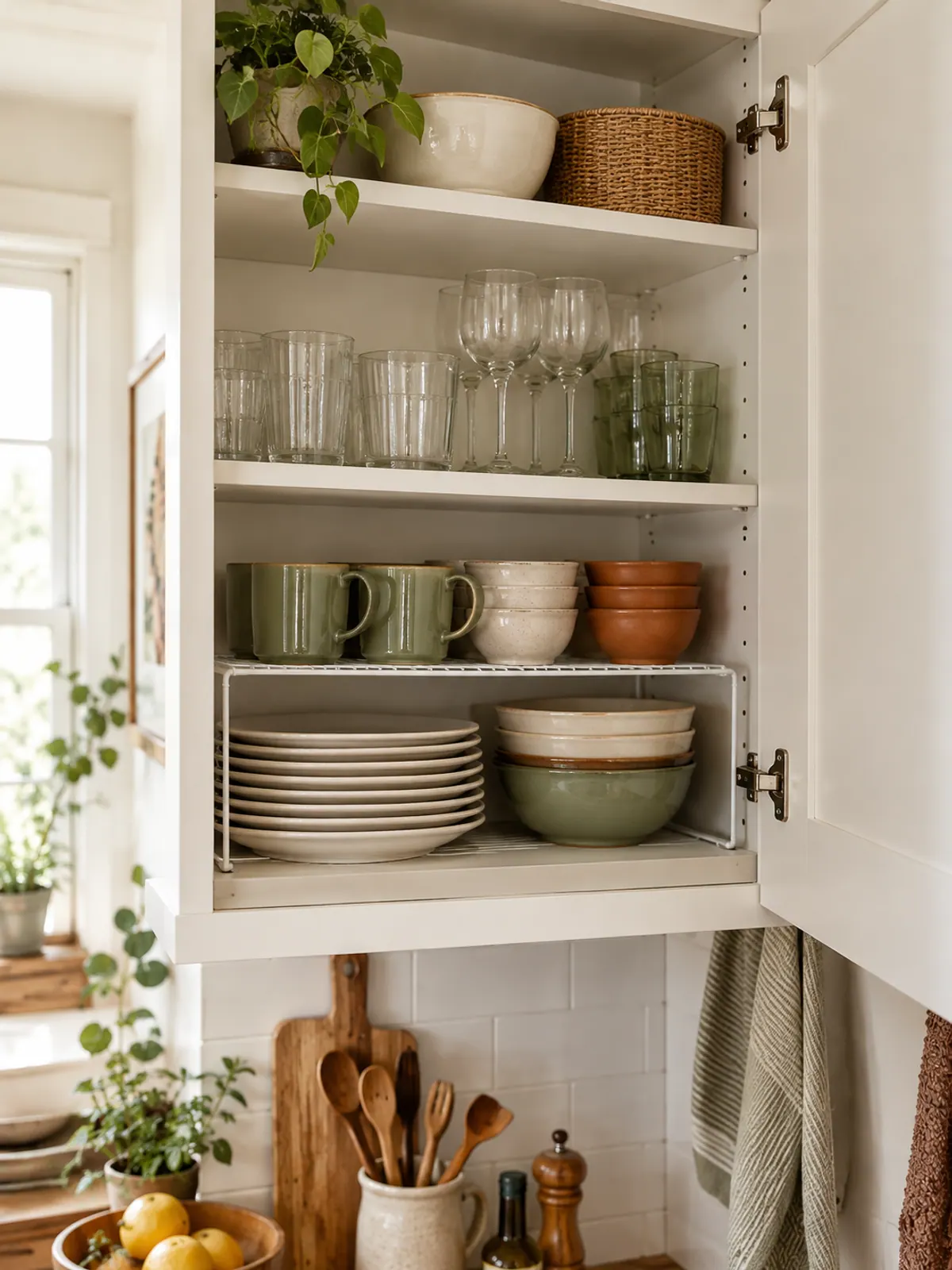 Open white kitchen cabinet with a wire shelf riser holding mugs and bowls above a stack of plates, glasses on the shelf above