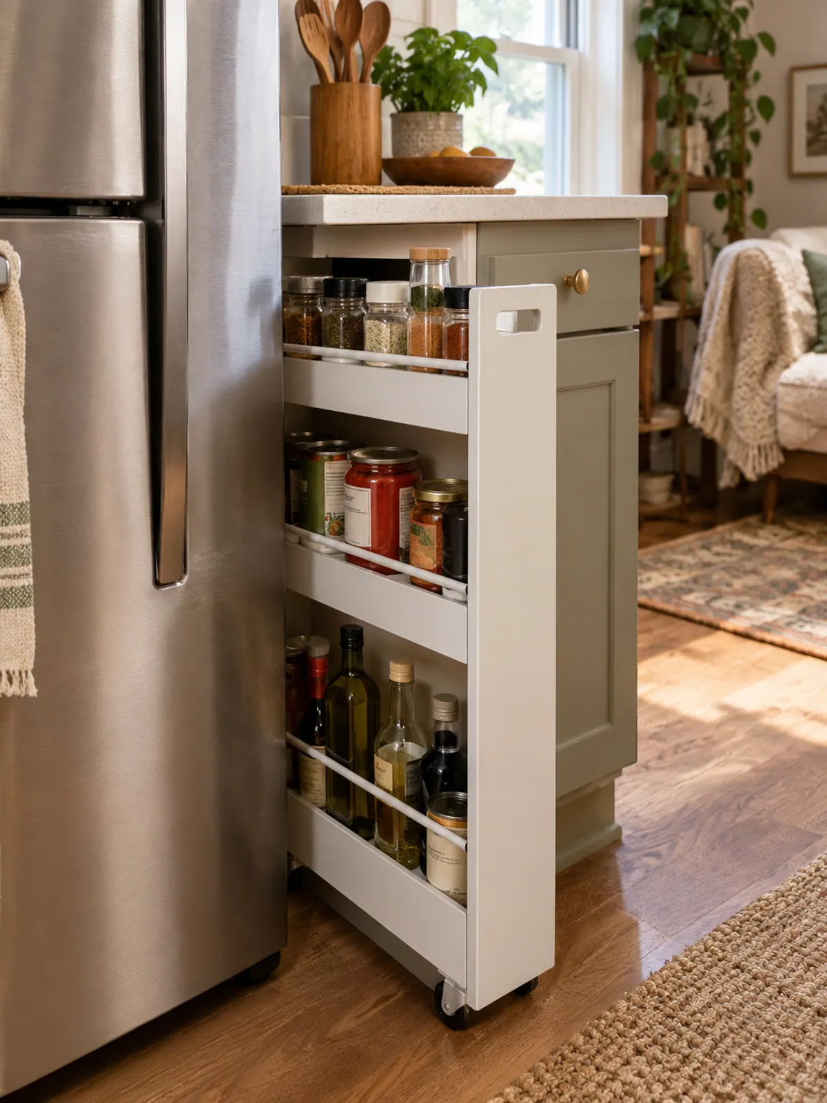 Small kitchen ideas for storage: a slim white rolling cart pulled out of the gap beside a stainless fridge, holding spice jars, cans and oil bottles