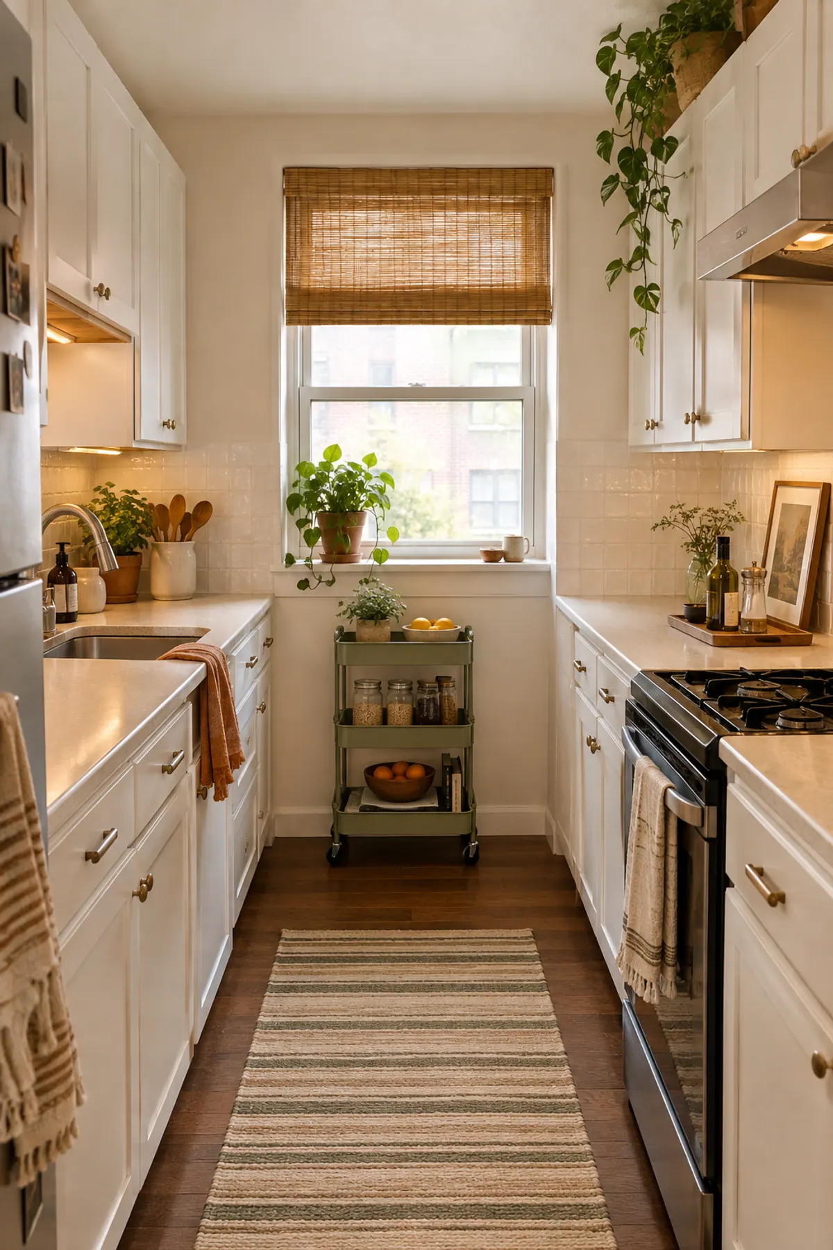 Small kitchen ideas in a rental galley kitchen: white cabinets, a sage three-tier rolling cart, a striped runner rug and a plant on the window sill