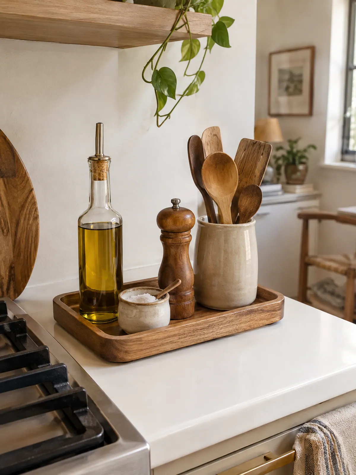 Wooden tray beside a gas stove holding an olive oil bottle, a salt cellar, a wooden pepper mill and a crock of wooden spoons