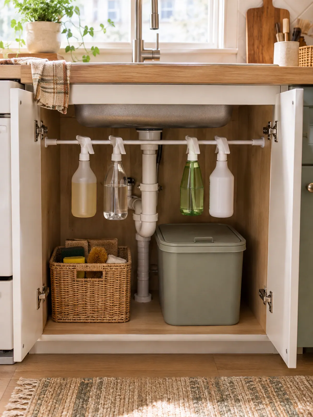 Under-sink kitchen cabinet with a white tension rod holding four spray bottles above a woven basket and a sage green bin
