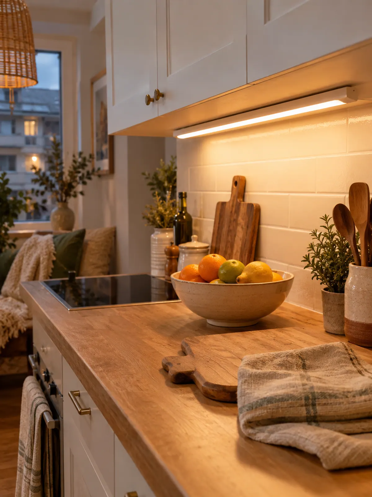 Warm white LED light bar under a white kitchen cabinet lighting a wood countertop with a fruit bowl and a cutting board in the evening