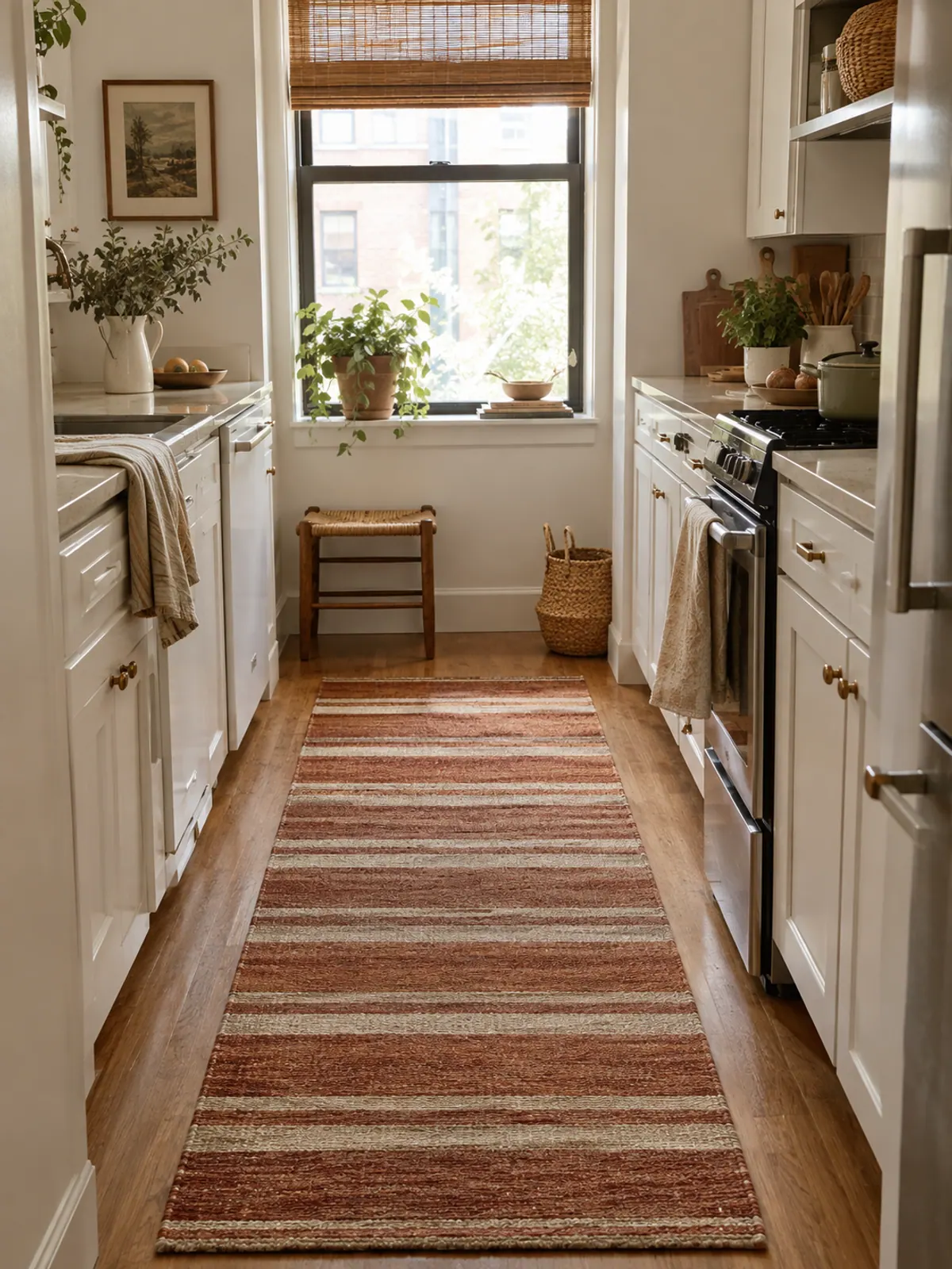 Rust and cream striped washable runner rug down the middle of a small white galley kitchen with a window at the end