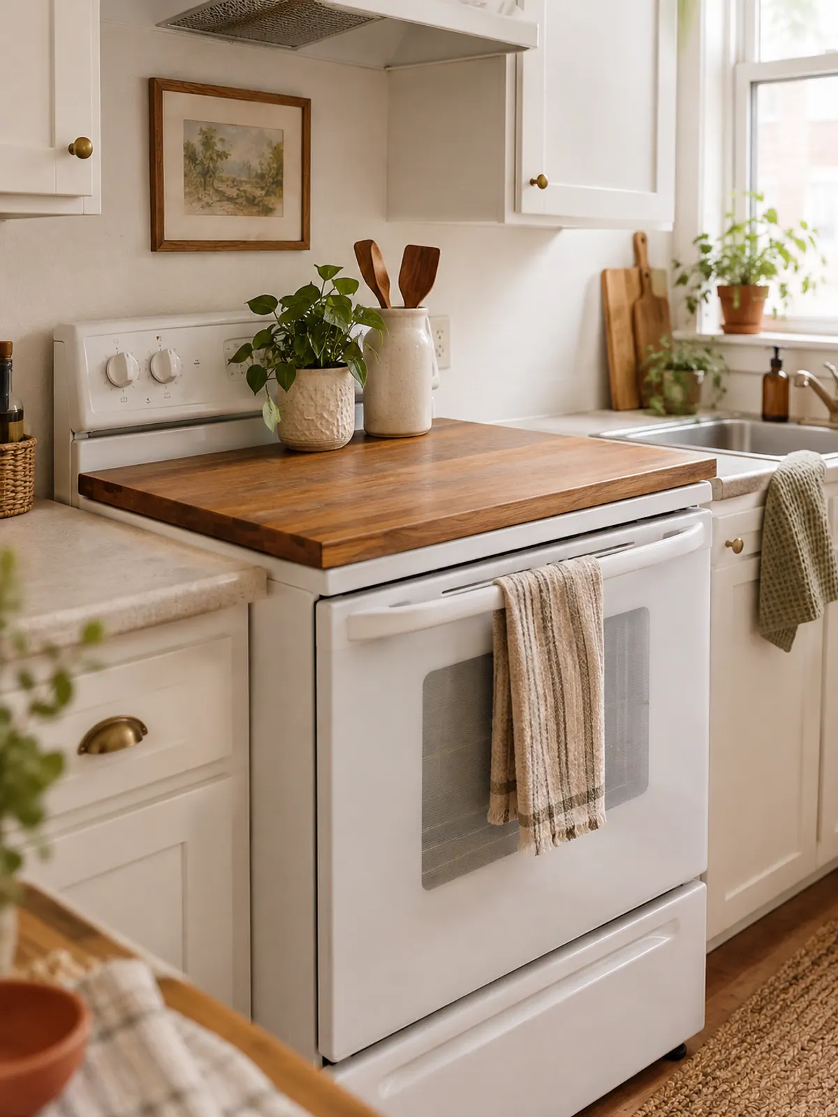 Wooden stovetop cover board on a white electric range in a small rental kitchen, a potted plant and utensil crock on top