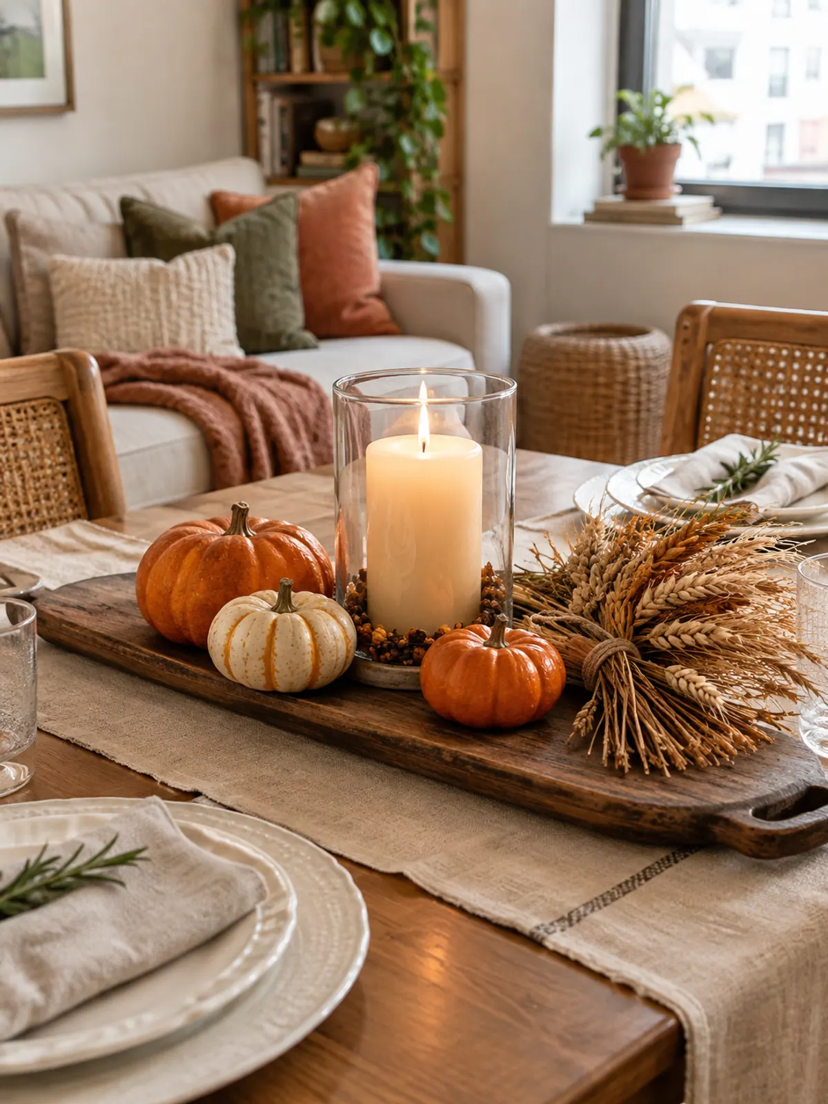 Long wooden serving board holding a pillar candle in a glass hurricane, three mini pumpkins and dried wheat on a small dining table