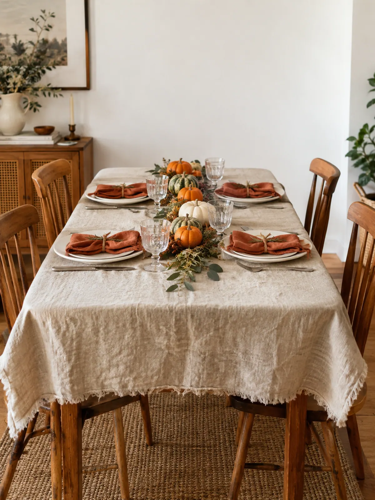 Small apartment dining table covered in a washed natural canvas drop cloth, set for four with white plates, rust napkins and mini pumpkins