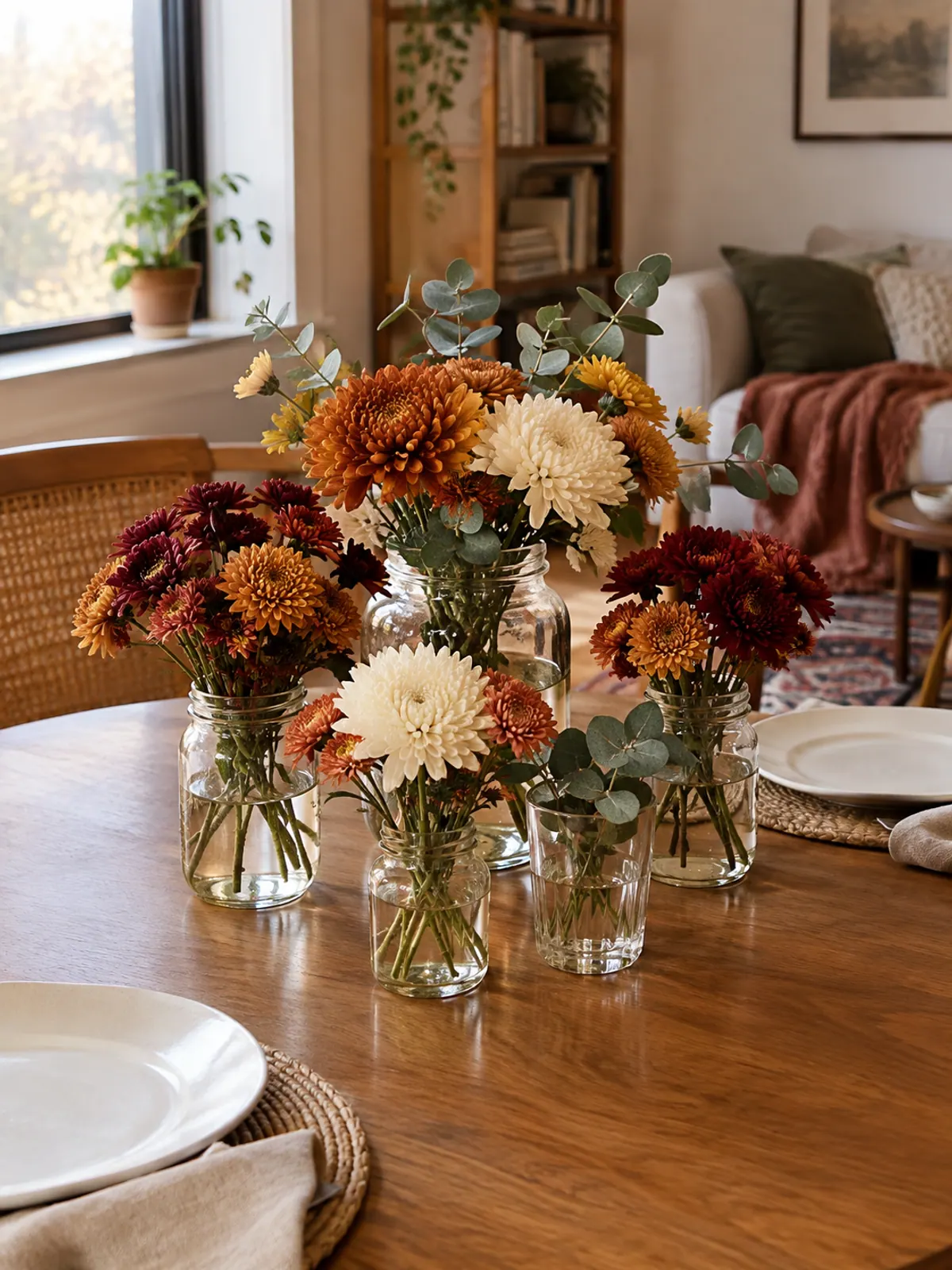 Five short glass jars and tumblers holding rust, cream and burgundy grocery store mums and eucalyptus in the center of a small Thanksgiving table