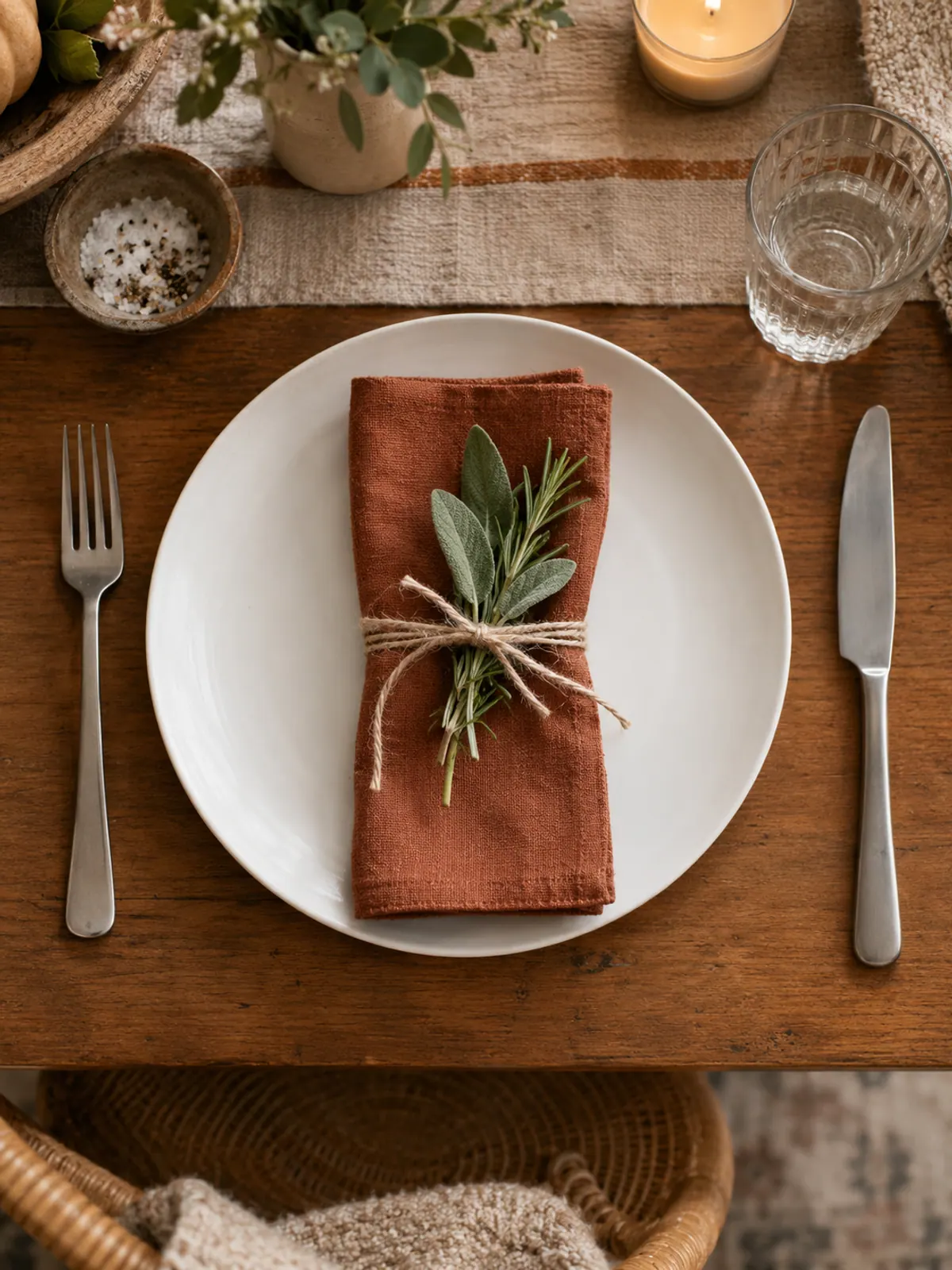 Overhead view of a white plate with a rust napkin tied with kitchen twine and tucked with fresh sage and rosemary sprigs beside a fork and knife