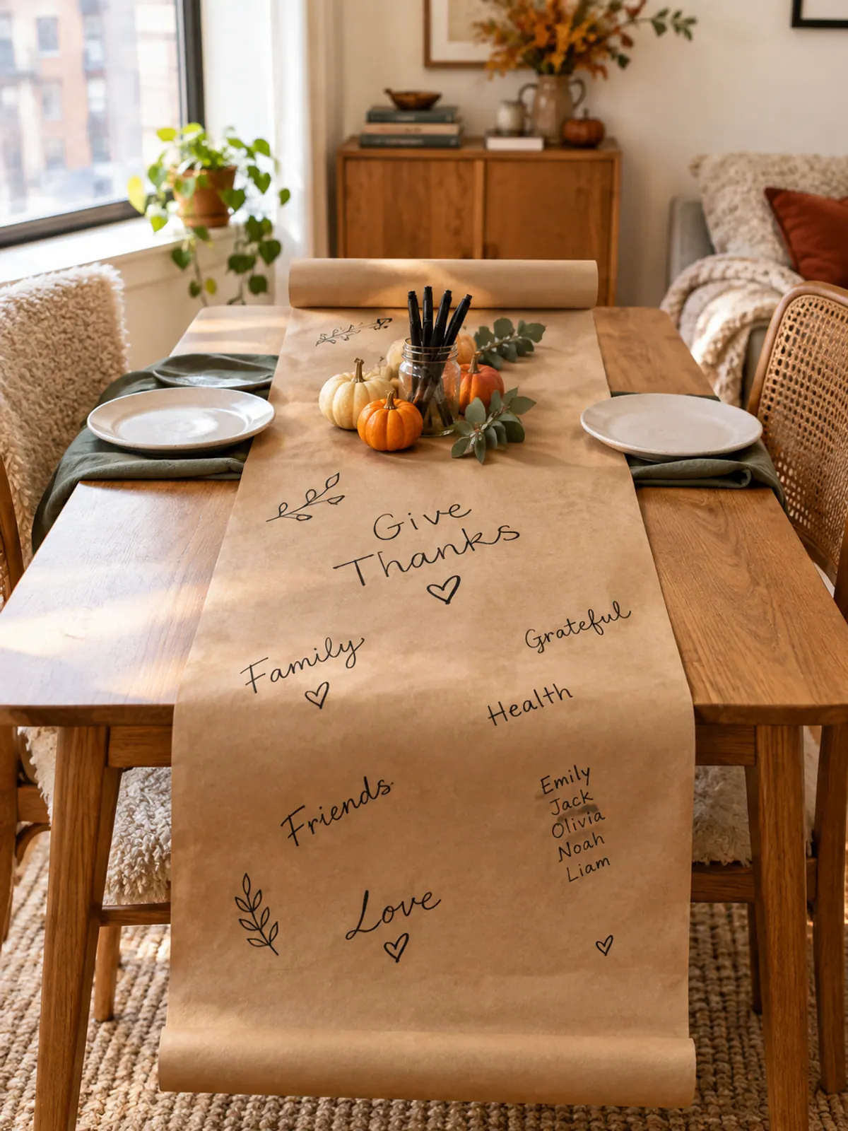 Brown kraft paper runner on a small rectangular table with handwritten thanks and names in black marker, a jar of pencils and mini pumpkins