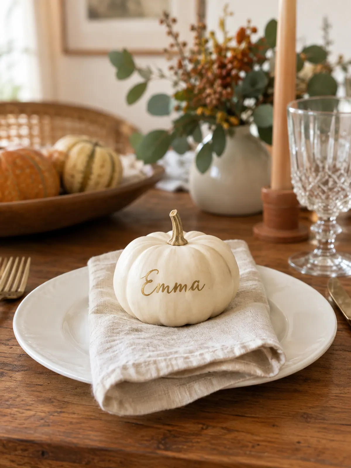 Small white mini pumpkin with a name hand-lettered in gold paint pen on a white plate with a cream linen napkin