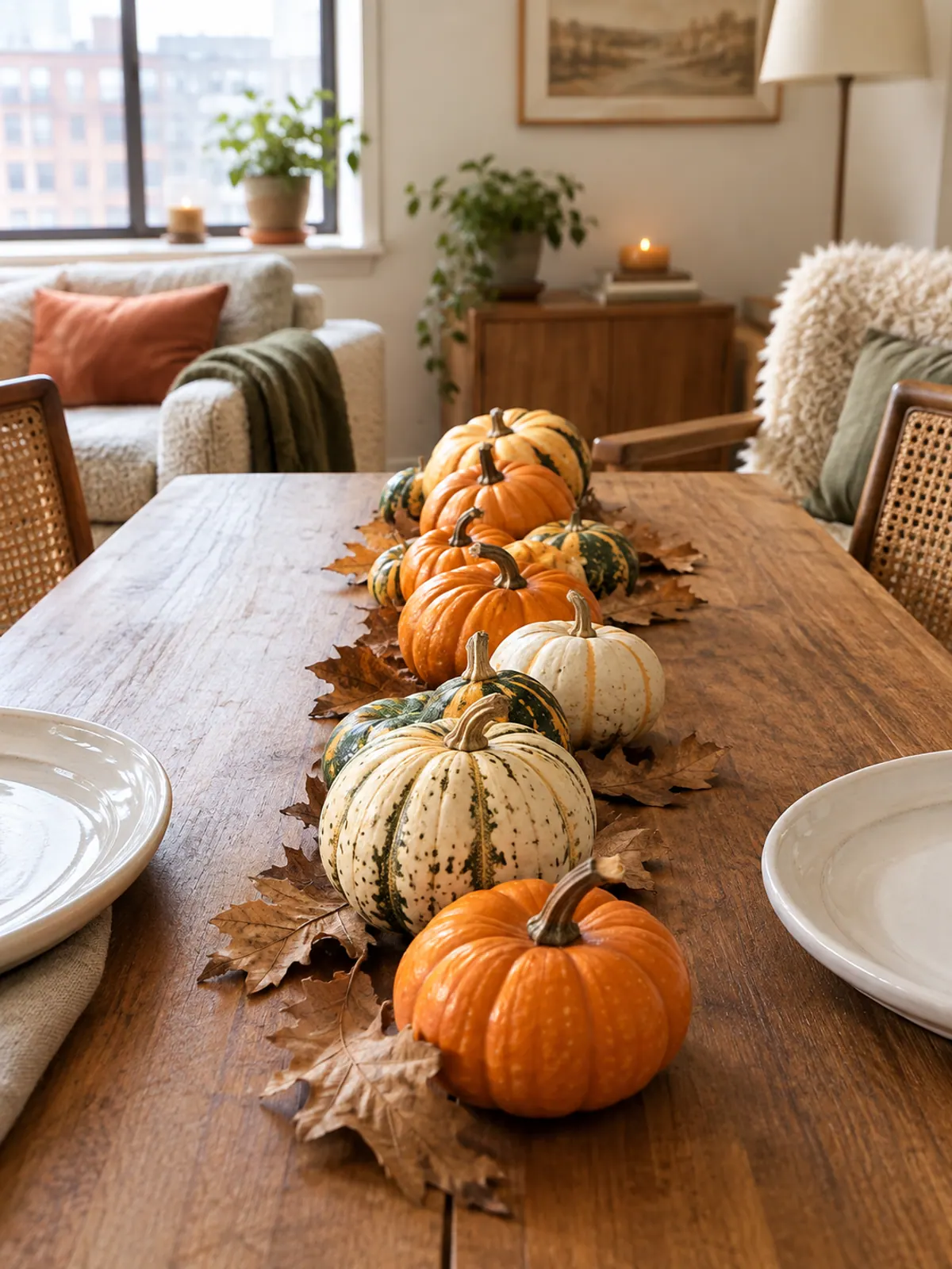Row of orange, cream and pale green mini pumpkins and speckled gourds with dried oak leaves down a narrow wooden dining table