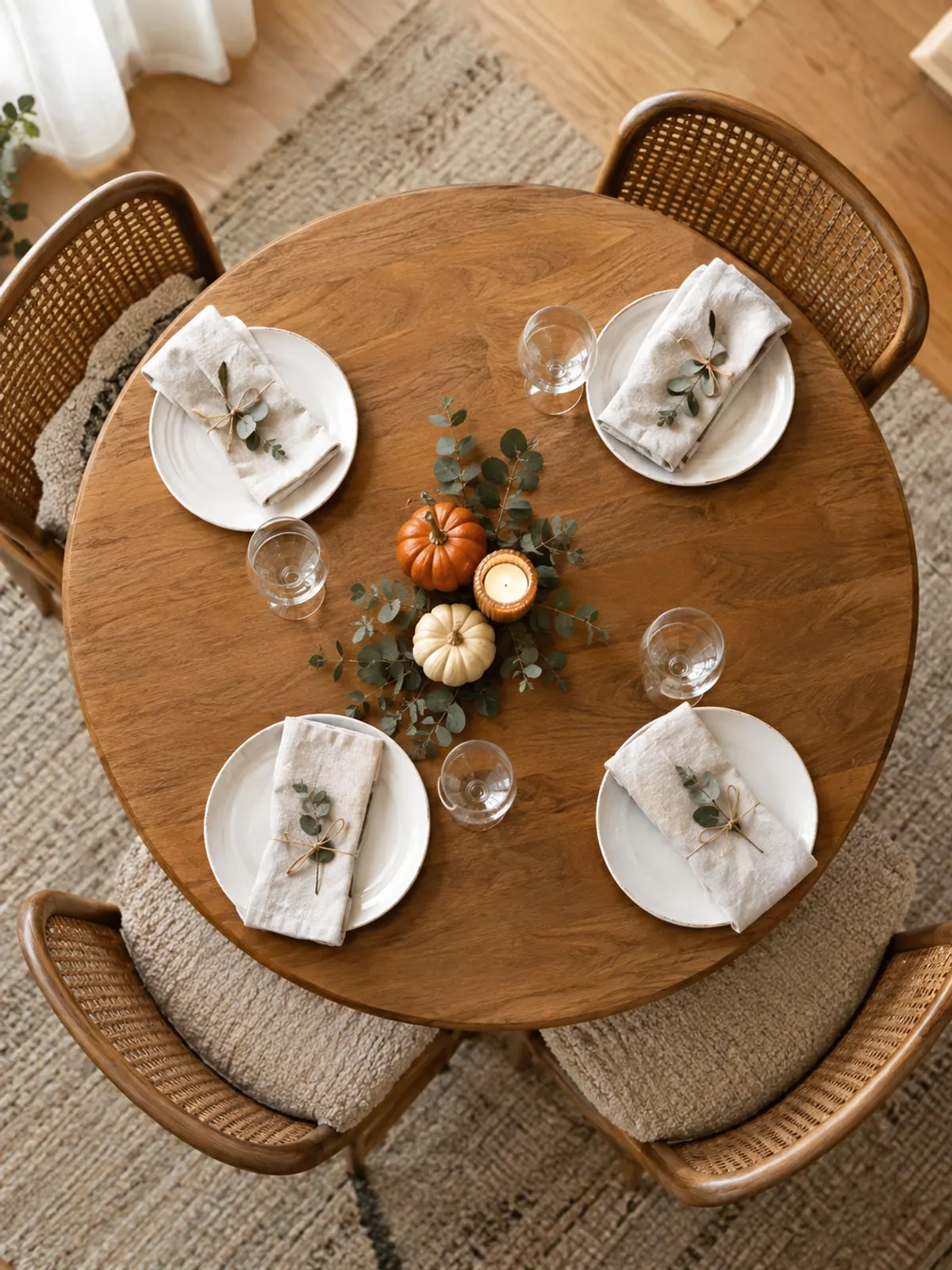 Overhead view of a small round table set for four with a narrow strip of eucalyptus, mini pumpkins and a votive in the center and plenty of elbow room
