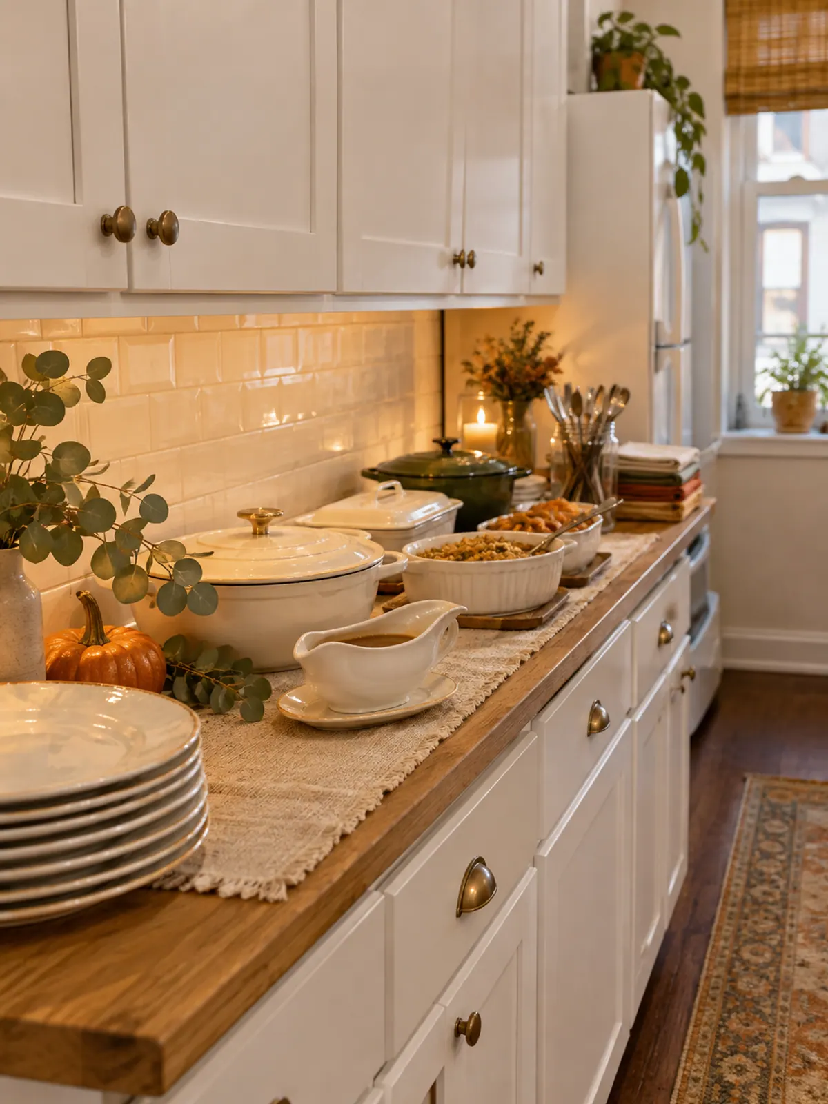 Small apartment galley kitchen counter set up as a Thanksgiving buffet with plates, covered dishes, a gravy boat, cutlery jar and a small pumpkin