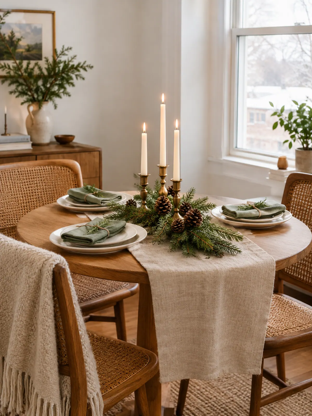 Small round apartment table restyled for December with the same linen runner and brass candlesticks, pine and cedar sprigs, pinecones and sage napkins