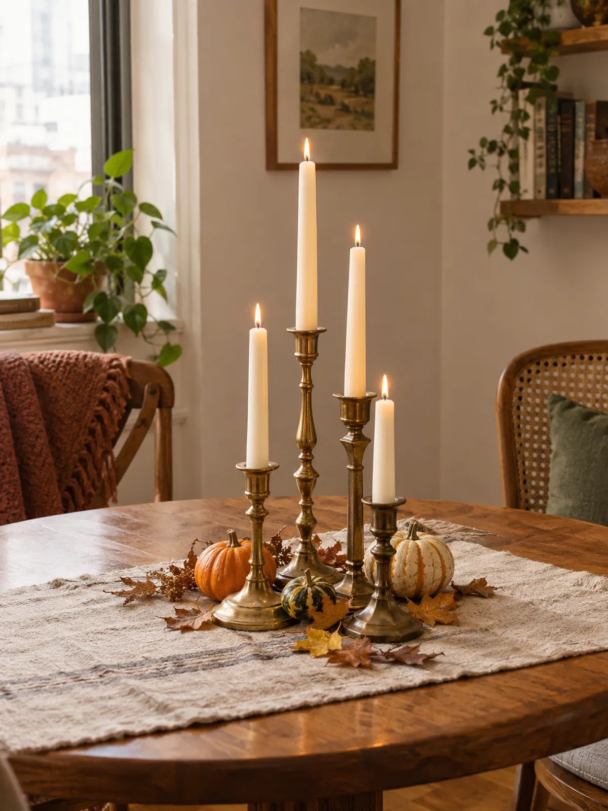Four mismatched brass candlesticks with cream tapers grouped in the center of a small wooden dining table with small gourds and dried leaves
