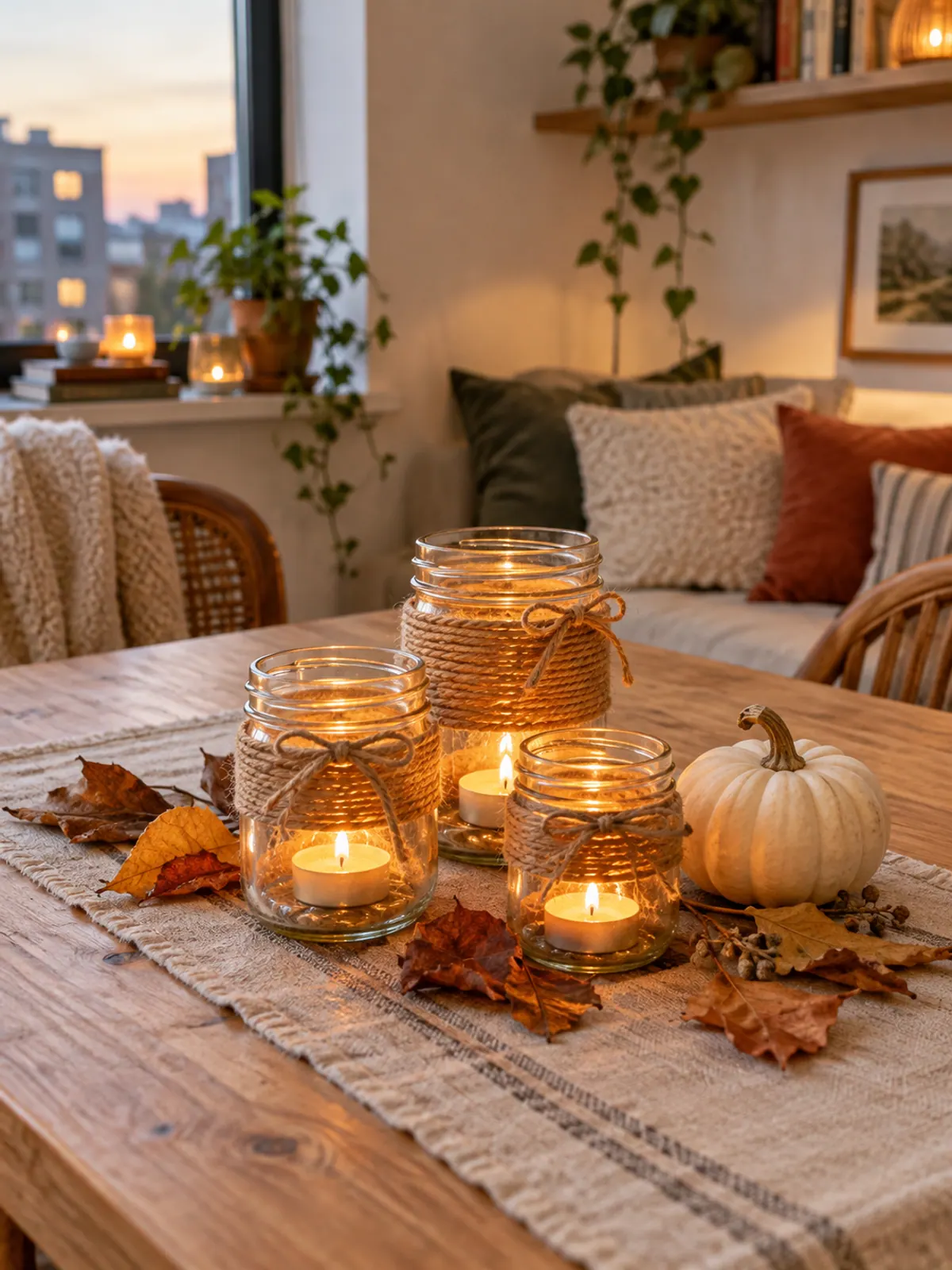 Three small glass jars wrapped in jute twine holding glowing tea lights on a wooden table at dusk with dried leaves and a mini white pumpkin