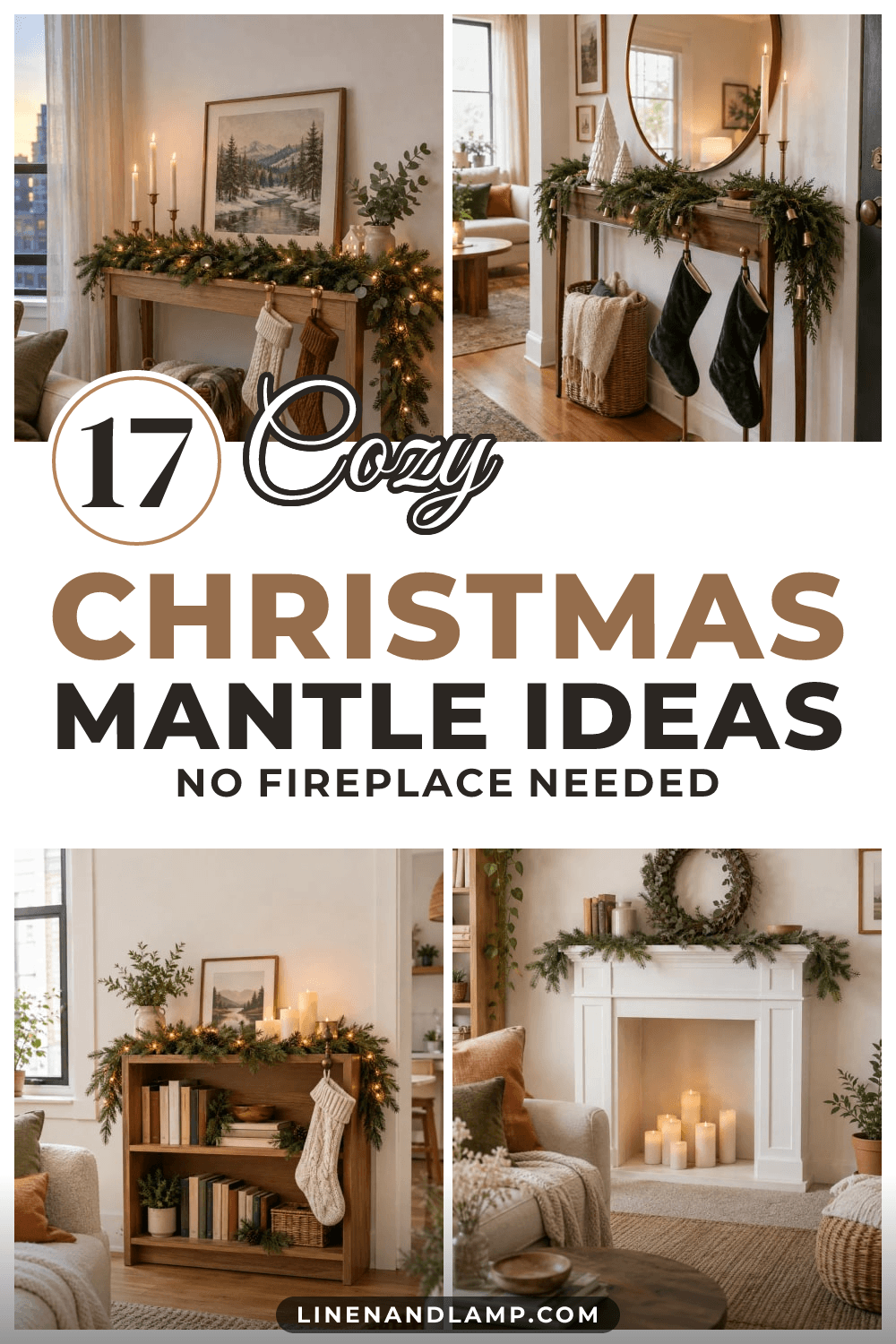 Collage of apartment Christmas displays without a fireplace: an oak console with lit garland and stockings, a bookshelf with greenery, and a white faux mantel with candles