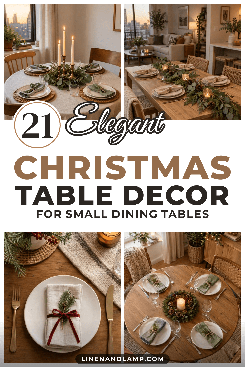 Collage of small Christmas dining tables: a round table with taper candles in a greenery ring, a wood table with a cedar runner, a napkin tied with red ribbon and an overhead wreath centerpiece
