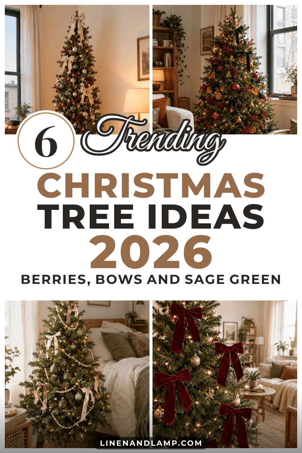 Collage of 2026 trend Christmas trees in small apartments: a slim tree with cream bows, a berry and orange slice tree, a sage and pearl tree and a tree with burgundy velvet bows