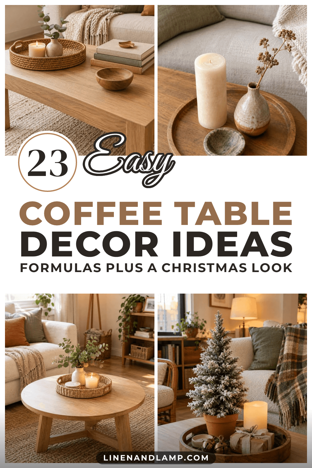Collage of styled coffee tables in small apartments: an oak table with a tray and books, a pillar candle and bud vase, a round table with a rattan tray and a Christmas tray with a mini tree