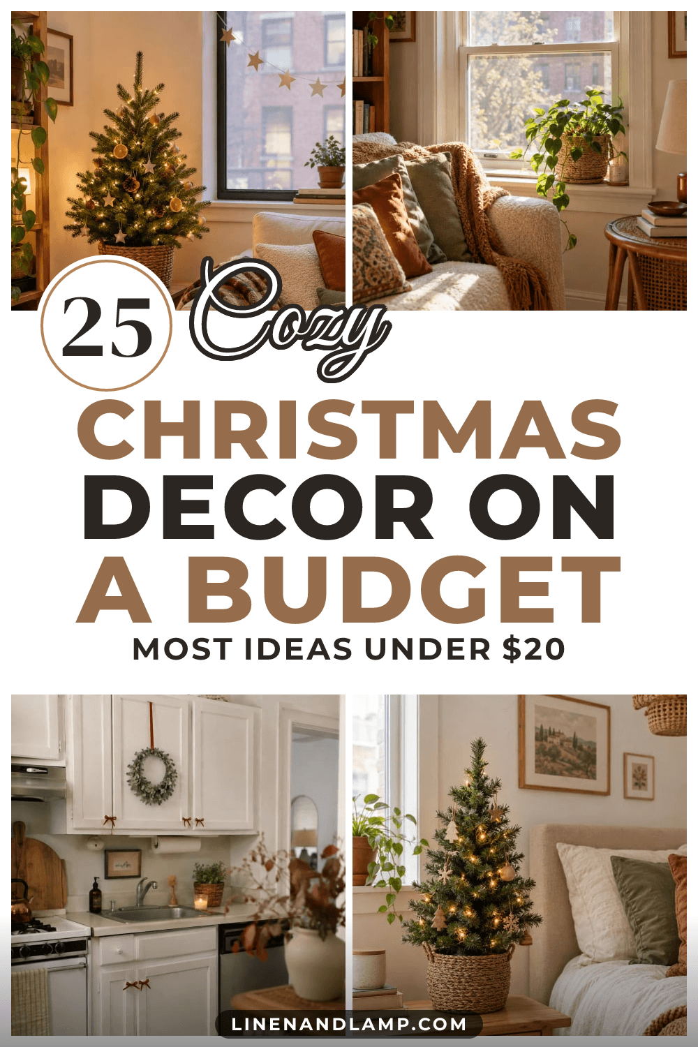 Collage of cozy apartment Christmas decor: a small lit tree in a basket, a dried orange garland, a mini wreath on a white kitchen cabinet and a tabletop tree by a bed