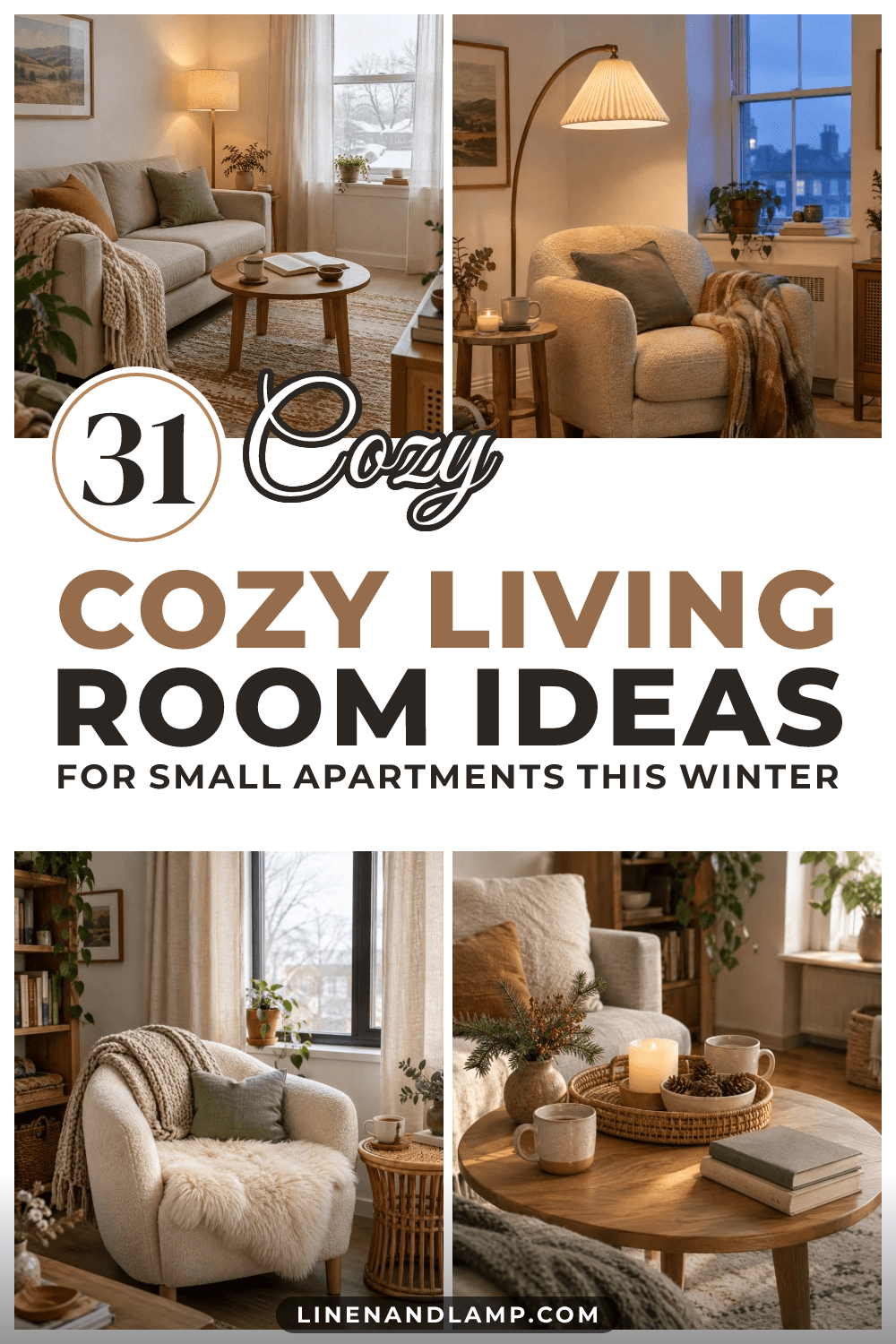 Four-photo collage of small apartment living rooms in winter with a pleated floor lamp, a cream boucle chair with a throw, a round wood coffee table with candles and linen sofa