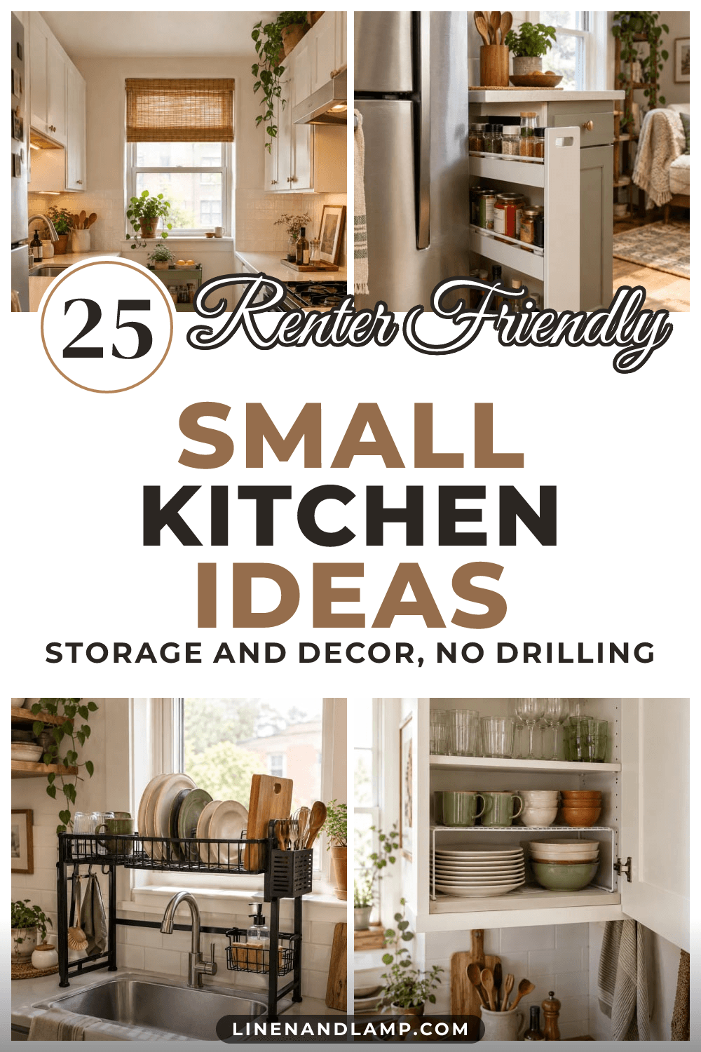 Collage of a small rental kitchen: a galley kitchen with a sage cart, a slim pull-out cart beside a fridge, an over-sink dish rack and a cabinet with a wire shelf riser