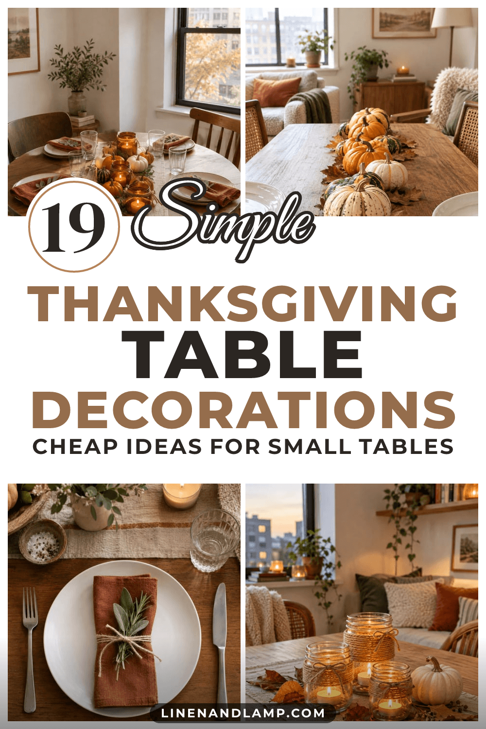 Collage of a small Thanksgiving table: mini pumpkins on a wood table, a rust napkin with a sage sprig, glowing jar votives and a round table set for four